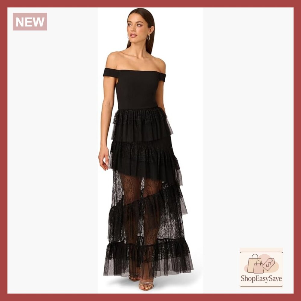 Lace and Knit Crepe Dress Elegant Off Shoulder Floor Length Formal Wear